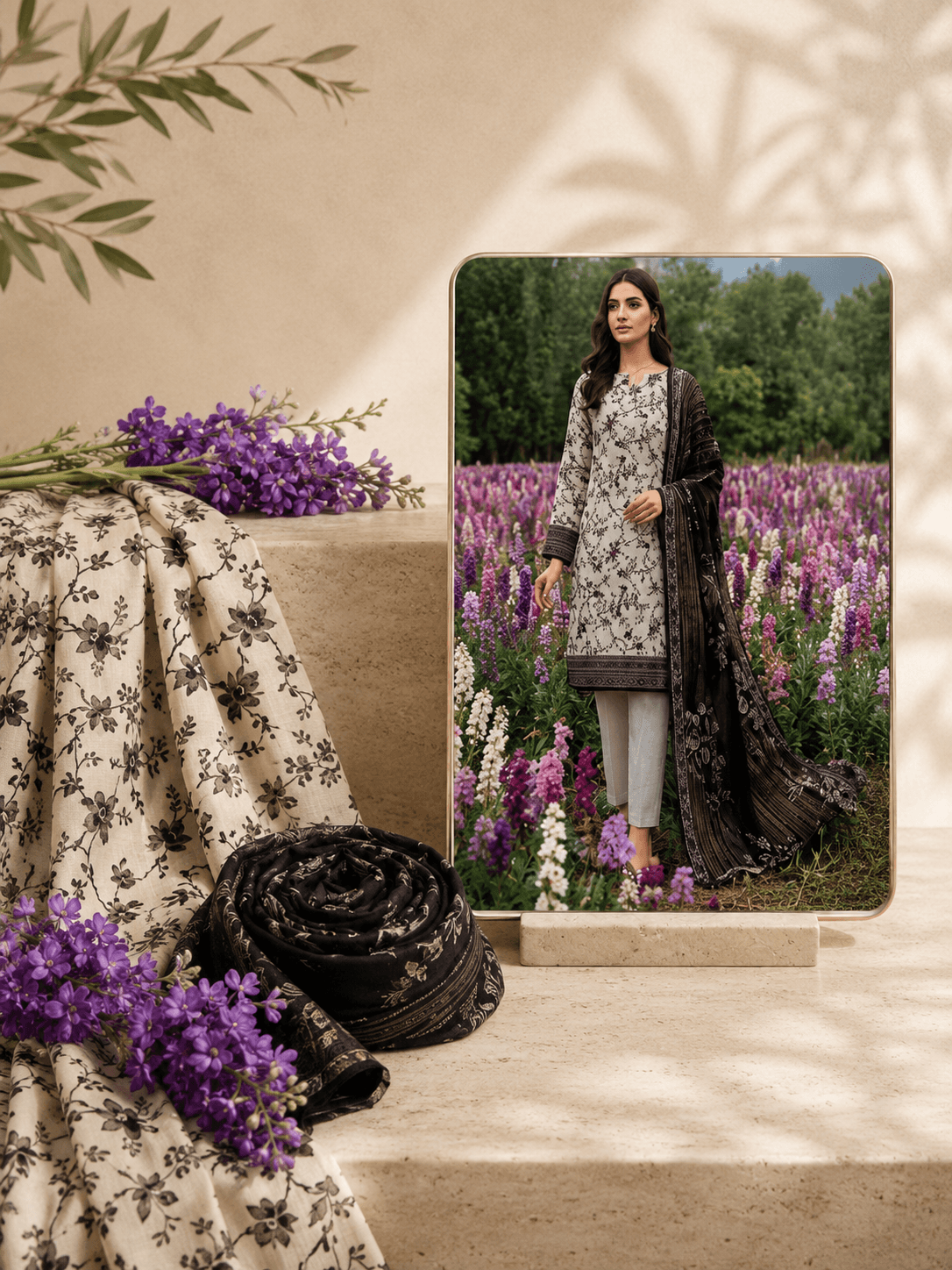 3-piece Black & Ivory White Rose Lawn