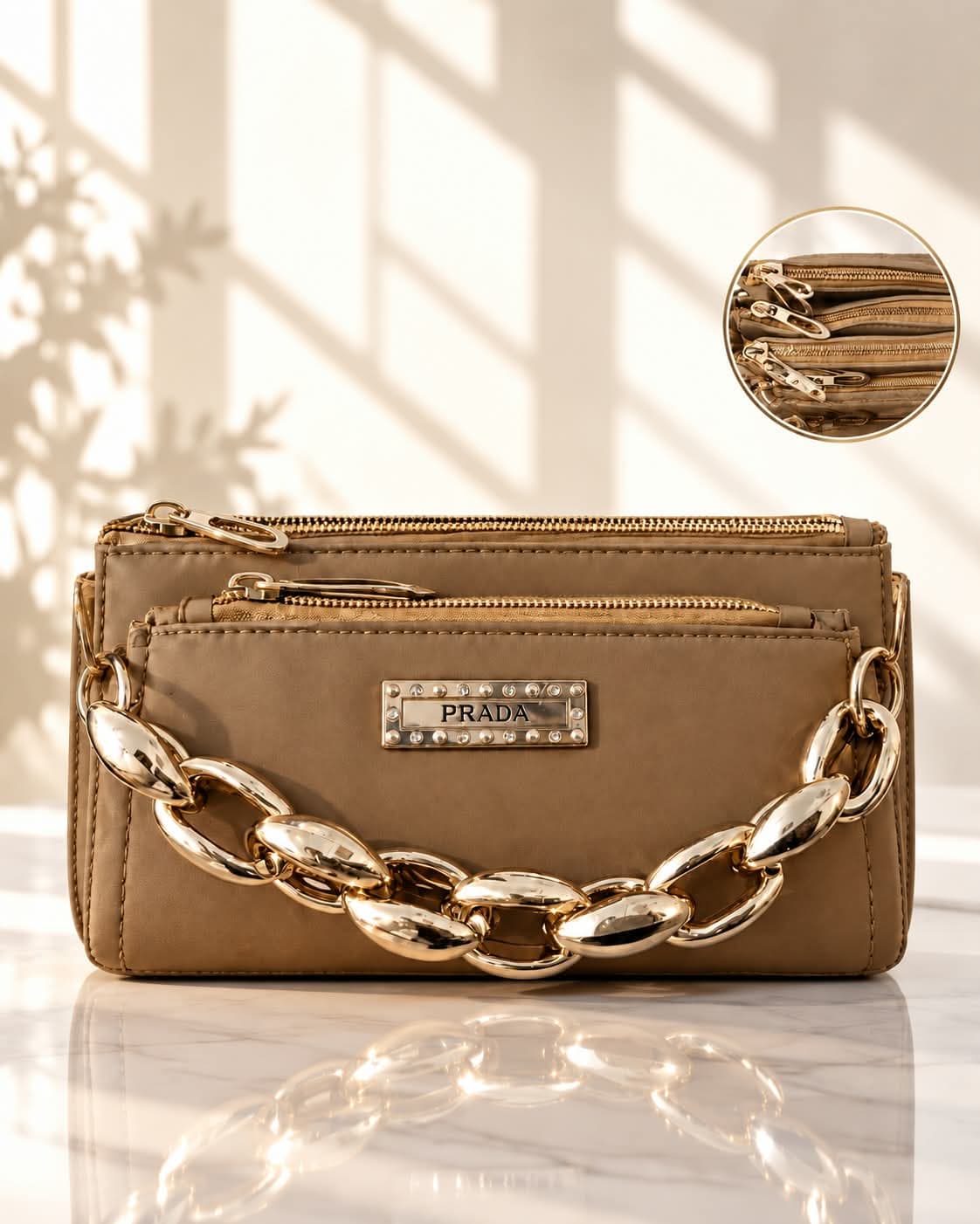 Brown Multi-Compartment Chain Clutch