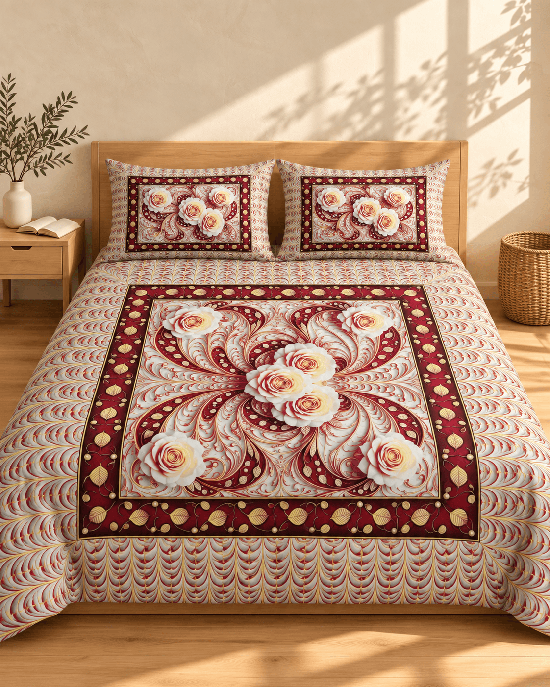Burgundy Rose Medallion 3D Bedsheet