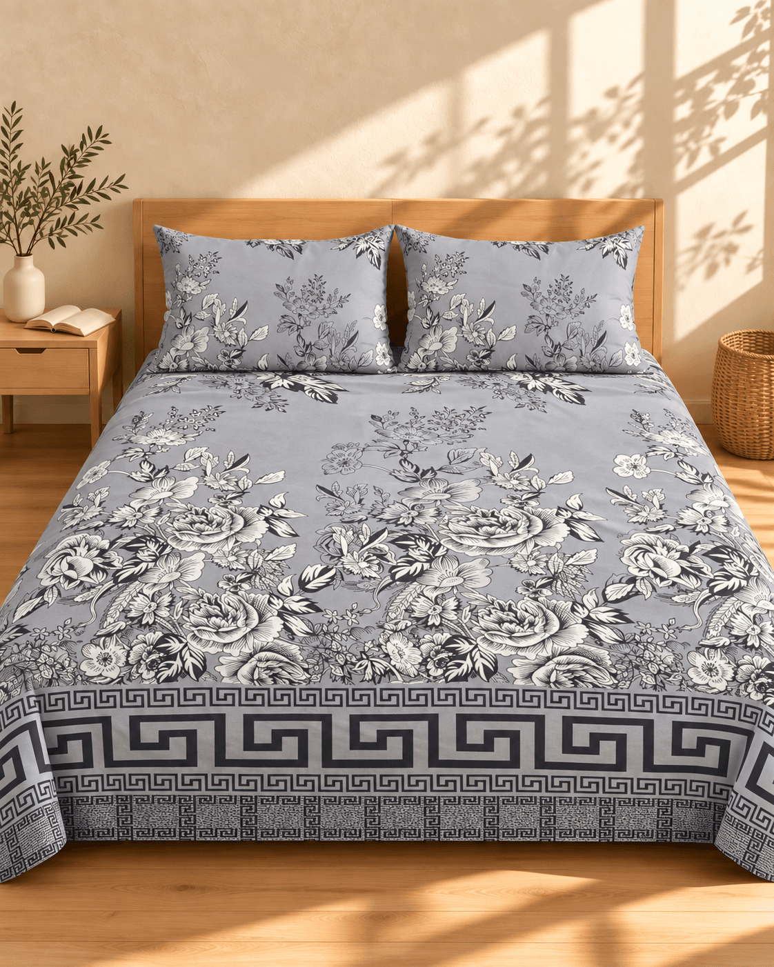 Monochrome Floral Border Cotton Bedsheet